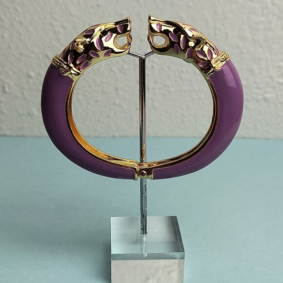 Statement Chunky Glaze Hinged Cuff Bracelet Double Wolf Head Purple Gold… - Picture 1 of 8